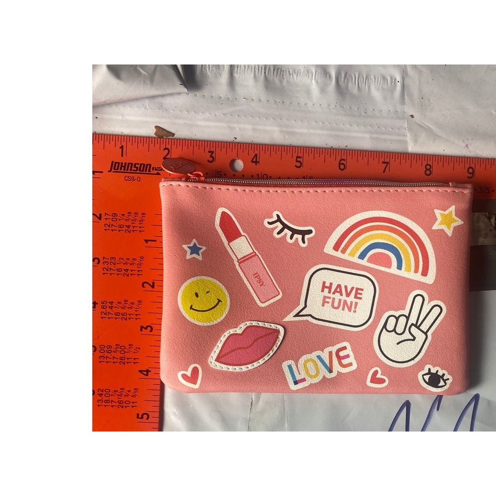 Ipsy Pink Graphic Print Makeup Bag Pouch Have Fun Rainbow Smiley Face Retro NM15